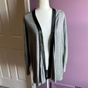 DKNYC dkny gray faux leather black stripe cardigan sweater size medium large